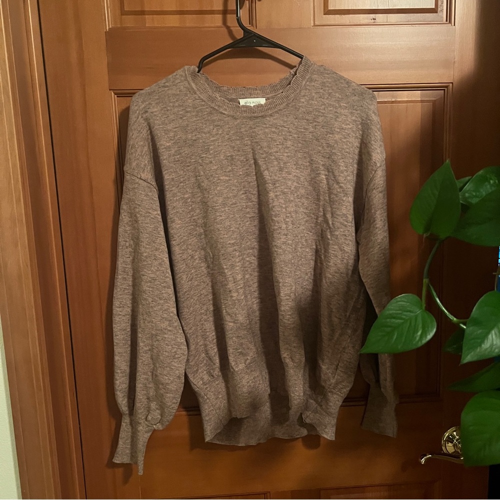 Ella Moss Brown Sweater with scalloped neckline.
